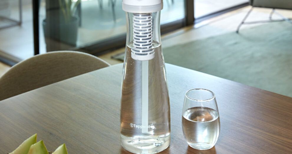 botella con filtro de agua sobre mesa y junto a vaso de agua y rodajas de melón en plato