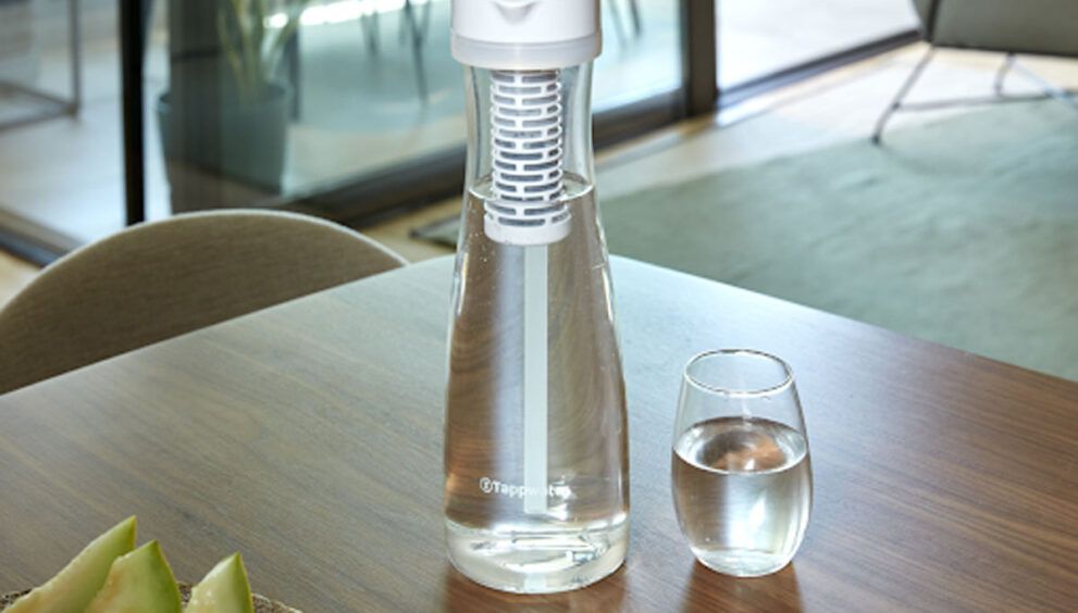 botella con filtro de agua sobre mesa y junto a vaso de agua y rodajas de melón en plato
