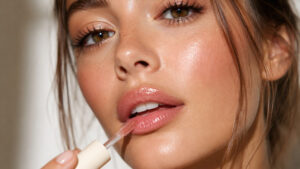 chica aplicando gloss en los labios