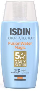 Isdin FusionWater Magic fotoprotector de Isdín. Ultraligero de fase externa acuosa que se funde con la piel sin dejar residuo graso. PVP 25,55 € 50 ml.